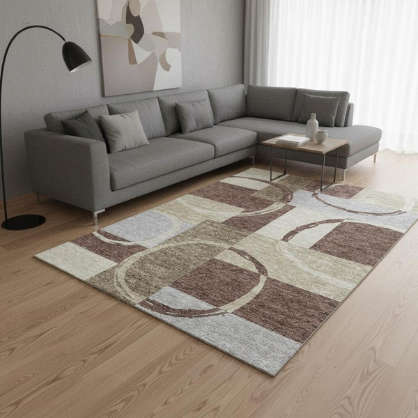 HomeRoots 5' Stylish Washable Geometric Area Rug in Brown Beige and Ivory with UV Protection for Home Decor 675068