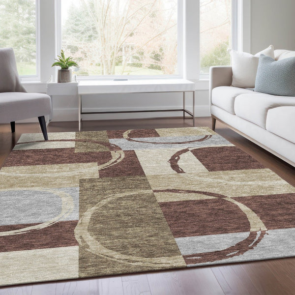 HomeRoots 5' Stylish Washable Geometric Area Rug in Brown Beige and Ivory with UV Protection for Home Decor 675068