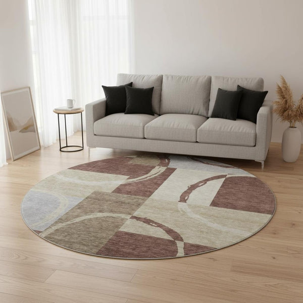 HomeRoots 8' Stylish Brown, Beige & Ivory Geometric Washable Round Rug with UV Protection for Modern Spaces 675069