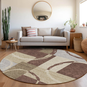HomeRoots 8' Stylish Brown, Beige & Ivory Geometric Washable Round Rug with UV Protection for Modern Spaces 675069