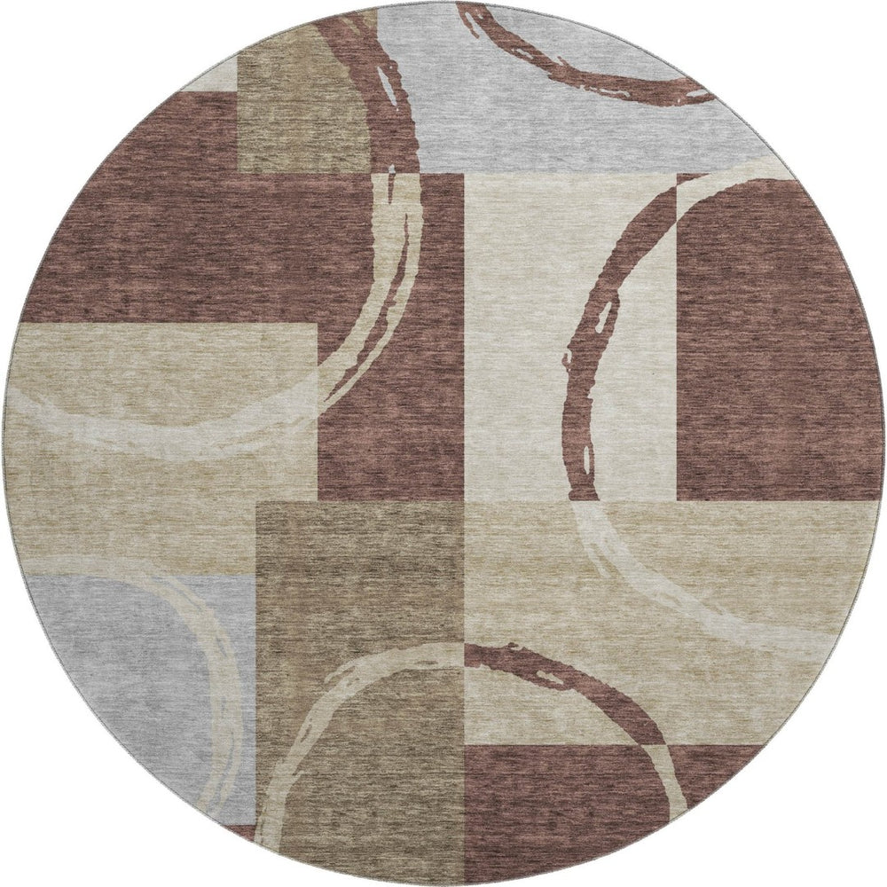 HomeRoots 8' Stylish Brown, Beige & Ivory Geometric Washable Round Rug with UV Protection for Modern Spaces 675069