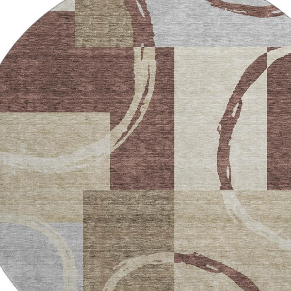 HomeRoots 8' Stylish Brown, Beige & Ivory Geometric Washable Round Rug with UV Protection for Modern Spaces 675069