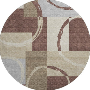 HomeRoots 8' Stylish Brown, Beige & Ivory Geometric Washable Round Rug with UV Protection for Modern Spaces 675069