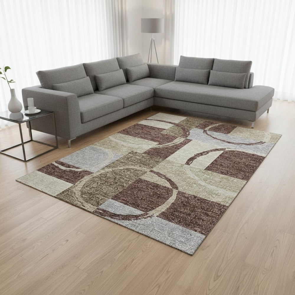 HomeRoots 9' Geometric Washable Area Rug in Brown, Beige & Ivory - Stain Resistant with UV Protection! 675071