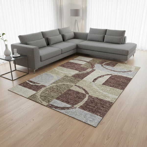 HomeRoots 9' Geometric Washable Area Rug in Brown, Beige & Ivory - Stain Resistant with UV Protection! 675071