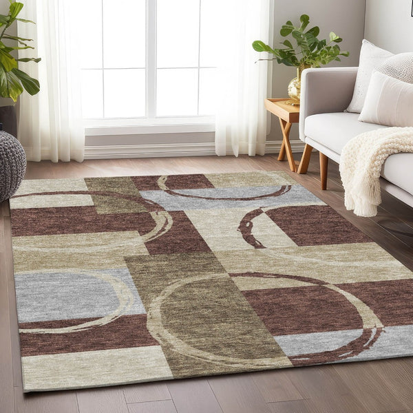 HomeRoots 9' Geometric Washable Area Rug in Brown, Beige & Ivory - Stain Resistant with UV Protection! 675071