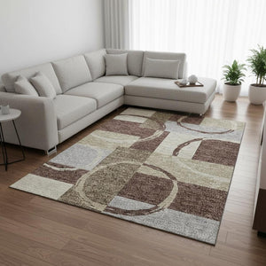 HomeRoots 10' X 14' Washable Geometric Area Rug in Brown, Beige & Ivory - UV Protected, Stain-Resistant Design 675072