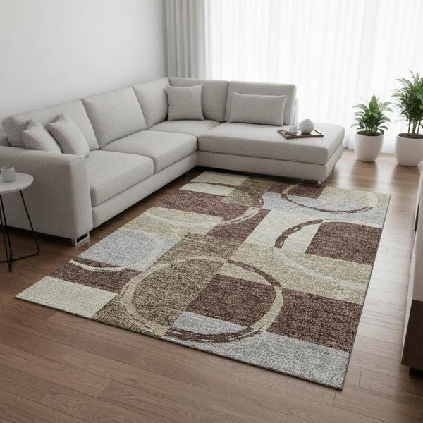 HomeRoots 10' X 14' Washable Geometric Area Rug in Brown, Beige & Ivory - UV Protected, Stain-Resistant Design 675072