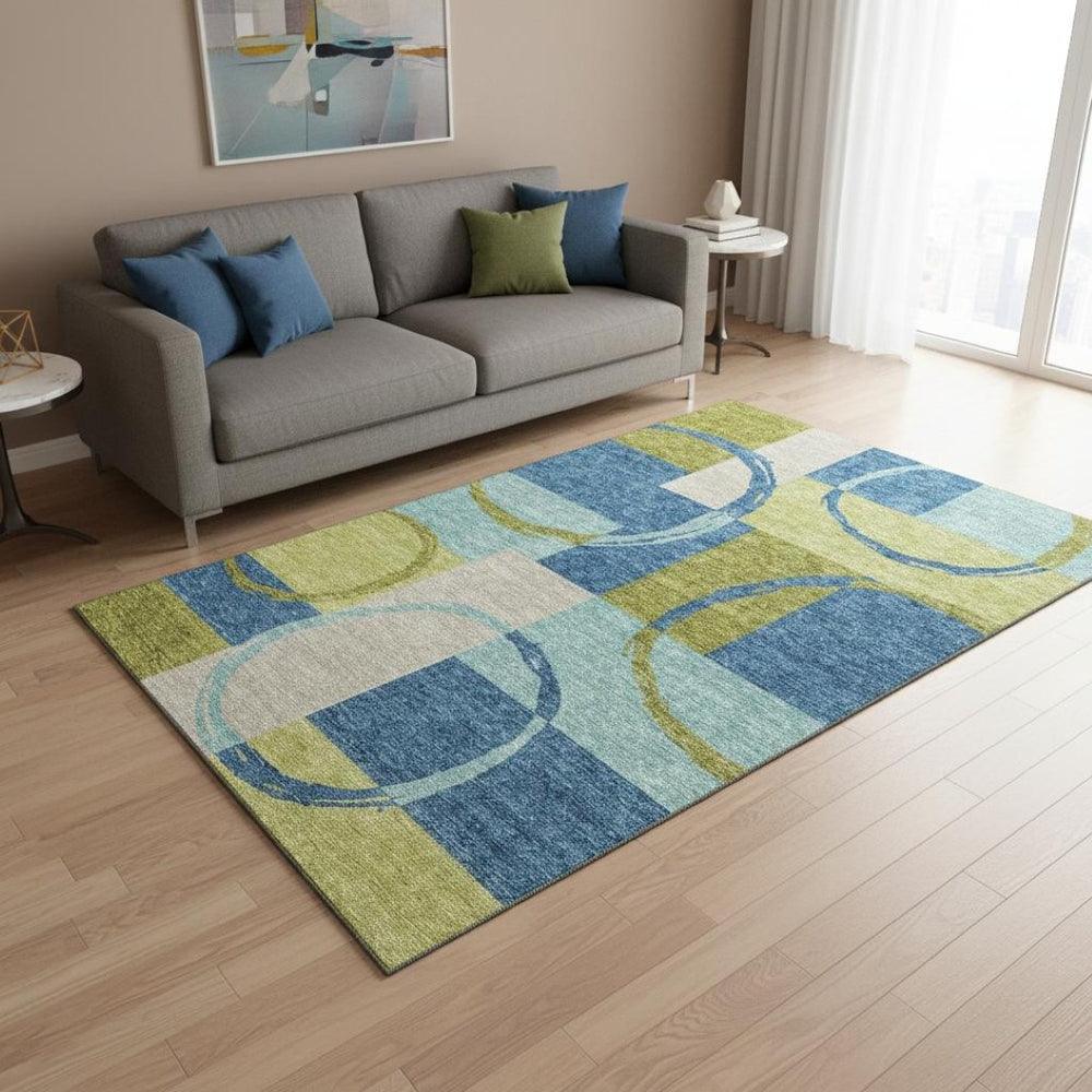 HomeRoots 5' X 8' Washable Denim Blue, Green & Ivory Geometric Area Rug with UV Protection for Modern Spaces 675074