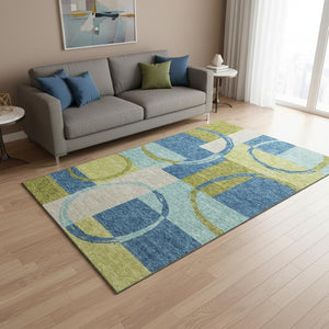 HomeRoots 5' X 8' Washable Denim Blue, Green & Ivory Geometric Area Rug with UV Protection for Modern Spaces 675074