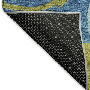 HomeRoots 5' X 8' Washable Denim Blue, Green & Ivory Geometric Area Rug with UV Protection for Modern Spaces 675074