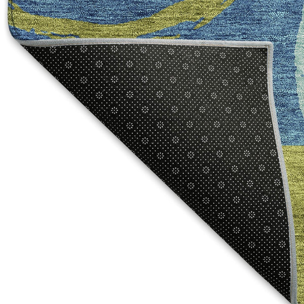 HomeRoots 5' X 8' Washable Denim Blue, Green & Ivory Geometric Area Rug with UV Protection for Modern Spaces 675074
