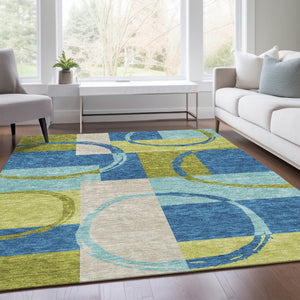 HomeRoots 5' X 8' Washable Denim Blue, Green & Ivory Geometric Area Rug with UV Protection for Modern Spaces 675074