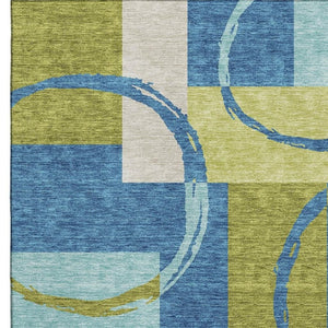 HomeRoots 5' X 8' Washable Denim Blue, Green & Ivory Geometric Area Rug with UV Protection for Modern Spaces 675074