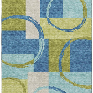 HomeRoots 5' X 8' Washable Denim Blue, Green & Ivory Geometric Area Rug with UV Protection for Modern Spaces 675074