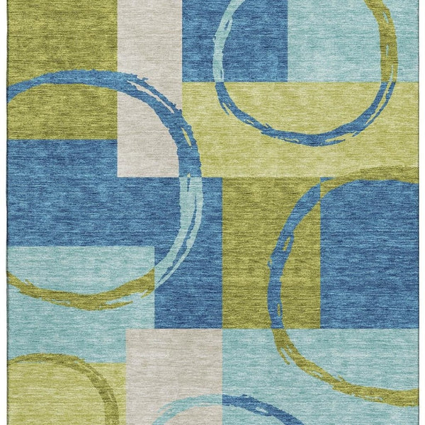 HomeRoots 5' X 8' Washable Denim Blue, Green & Ivory Geometric Area Rug with UV Protection for Modern Spaces 675074