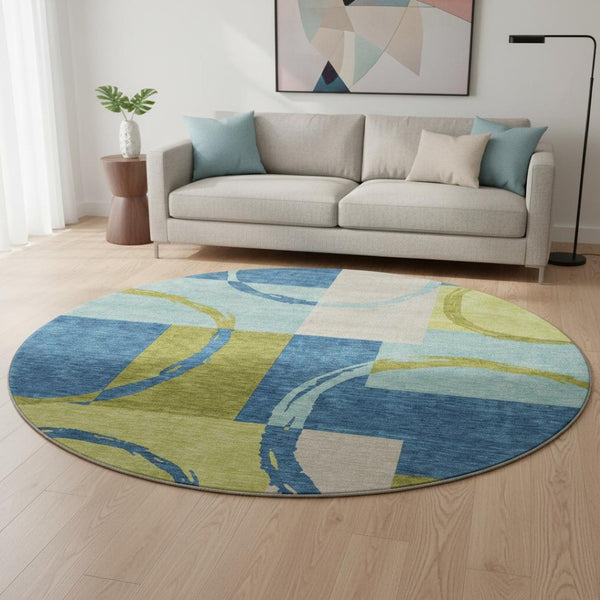 HomeRoots 8' Denim Blue Green Ivory Geometric Round Rug - UV Protected, Stain Resistant, Stylish & Durable 675075