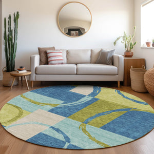 HomeRoots 8' Denim Blue Green Ivory Geometric Round Rug - UV Protected, Stain Resistant, Stylish & Durable 675075