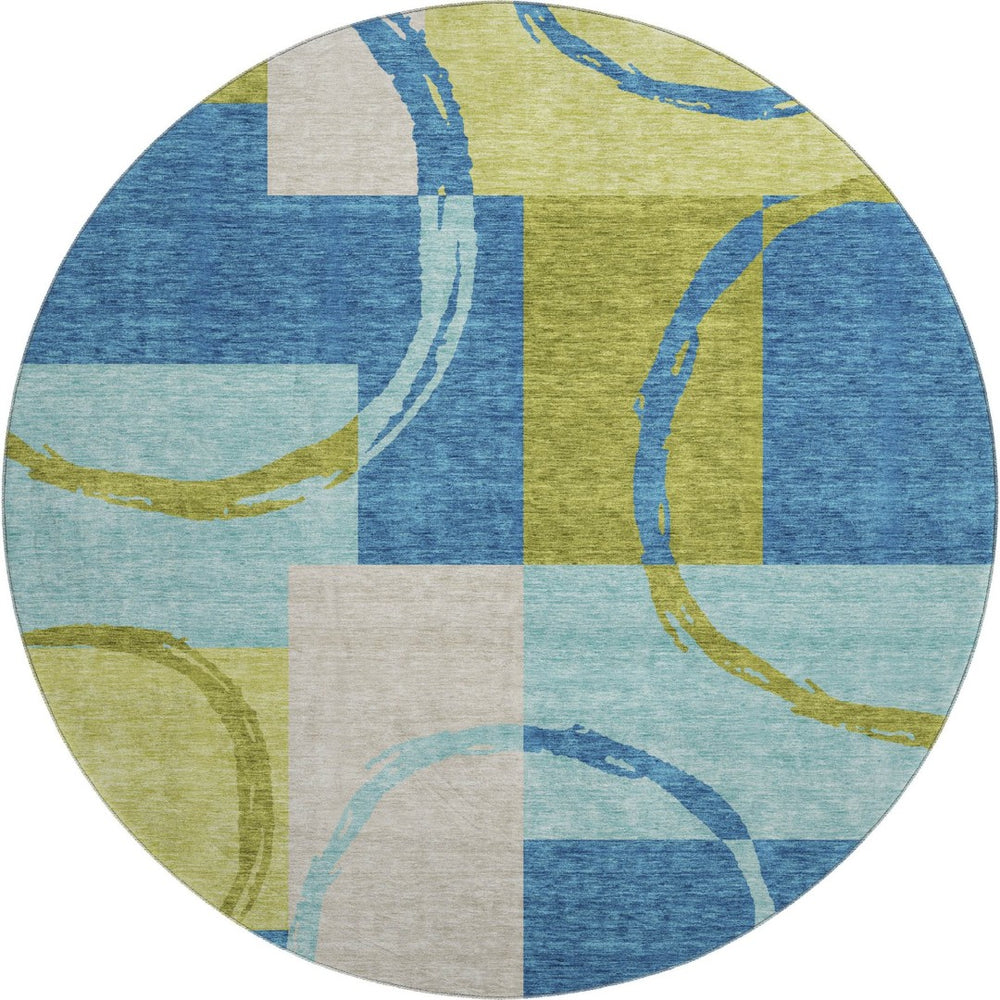 HomeRoots 8' Denim Blue Green Ivory Geometric Round Rug - UV Protected, Stain Resistant, Stylish & Durable 675075