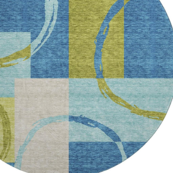HomeRoots 8' Denim Blue Green Ivory Geometric Round Rug - UV Protected, Stain Resistant, Stylish & Durable 675075