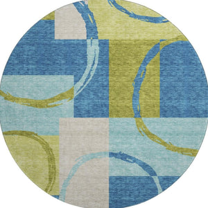 HomeRoots 8' Denim Blue Green Ivory Geometric Round Rug - UV Protected, Stain Resistant, Stylish & Durable 675075