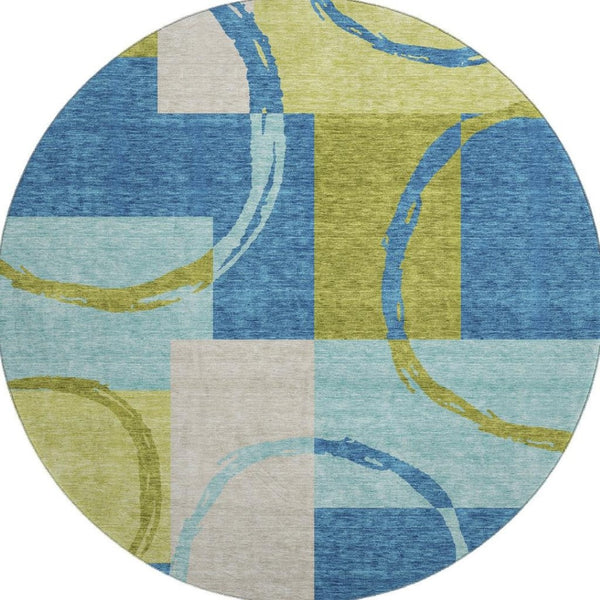 HomeRoots 8' Denim Blue Green Ivory Geometric Round Rug - UV Protected, Stain Resistant, Stylish & Durable 675075