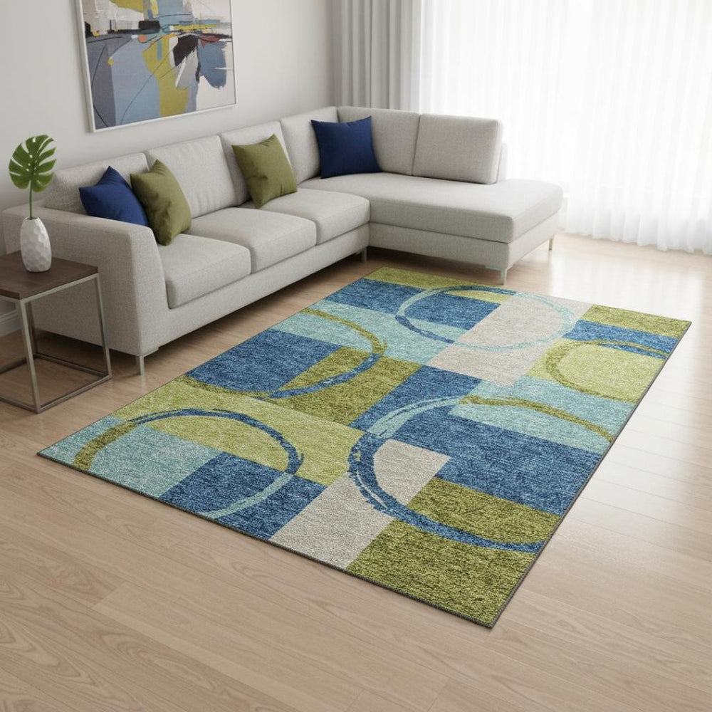 HomeRoots 8' X 10' Denim Blue, Green & Ivory Geometric Area Rug - Washable, UV-Protected & Pet-Friendly! 675076