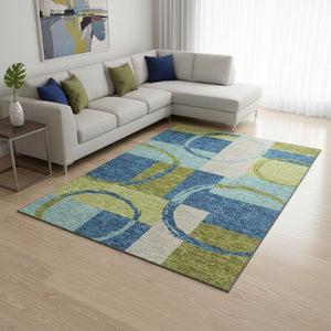 HomeRoots 8' X 10' Denim Blue, Green & Ivory Geometric Area Rug - Washable, UV-Protected & Pet-Friendly! 675076