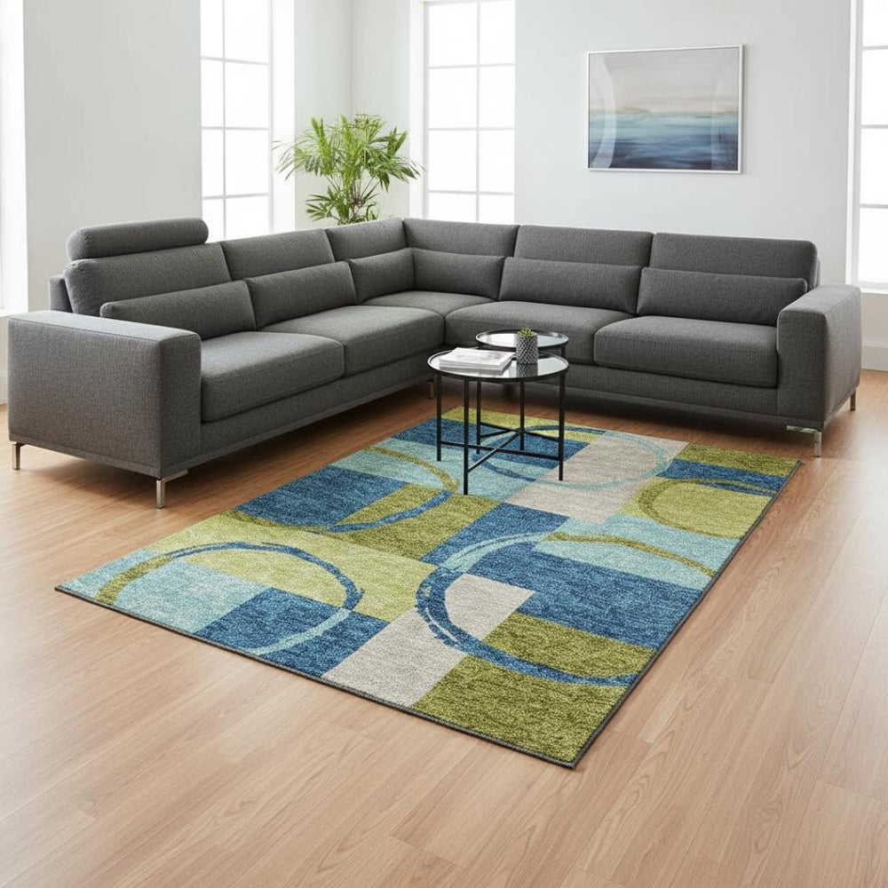 HomeRoots 9' X 12' Stylish Denim Blue Green Geometric Area Rug – Washable, UV Protected & Durable Design 675077