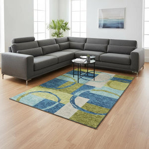 HomeRoots 9' X 12' Stylish Denim Blue Green Geometric Area Rug – Washable, UV Protected & Durable Design 675077