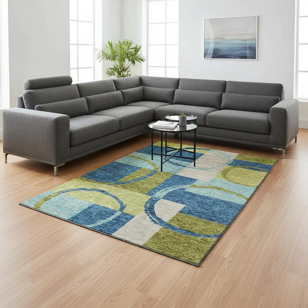 HomeRoots 9' X 12' Stylish Denim Blue Green Geometric Area Rug – Washable, UV Protected & Durable Design 675077