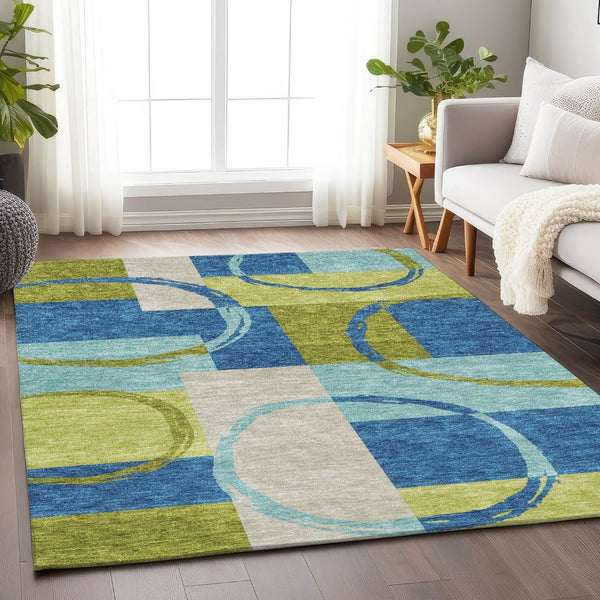 HomeRoots 9' X 12' Stylish Denim Blue Green Geometric Area Rug – Washable, UV Protected & Durable Design 675077