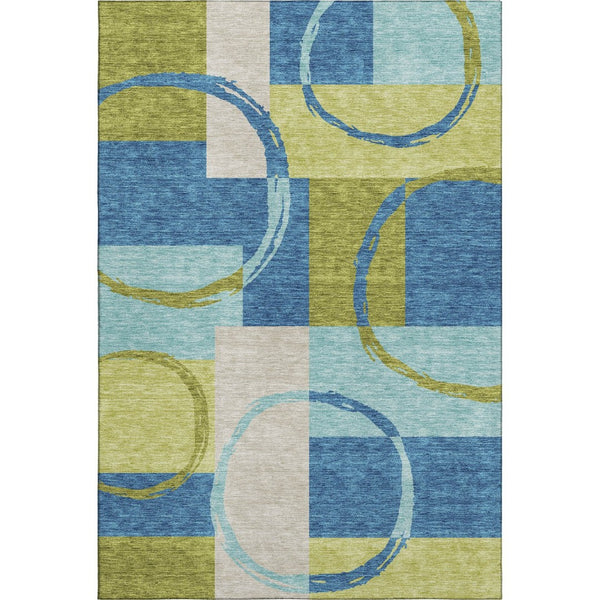 HomeRoots 9' X 12' Stylish Denim Blue Green Geometric Area Rug – Washable, UV Protected & Durable Design 675077