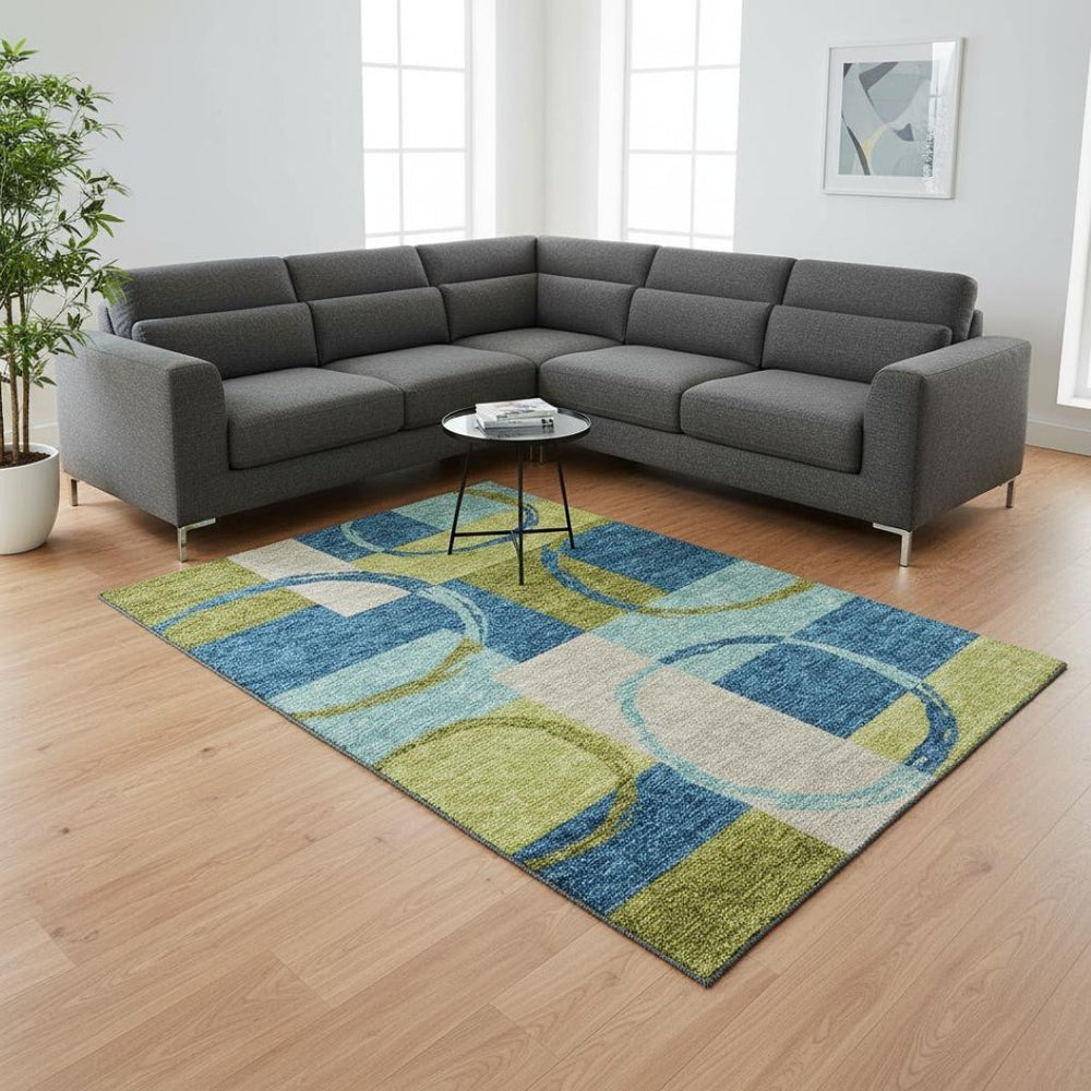 HomeRoots 10' Denim Blue, Green & Ivory Geometric Area Rug - Washable, UV-Protected, Stain-Resistant Design! 675078