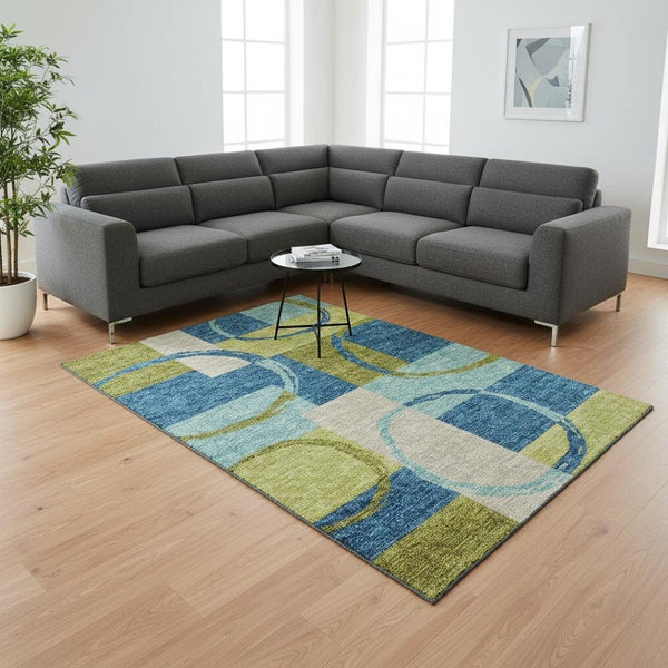 HomeRoots 10' Denim Blue, Green & Ivory Geometric Area Rug - Washable, UV-Protected, Stain-Resistant Design! 675078