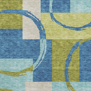 HomeRoots 10' Denim Blue, Green & Ivory Geometric Area Rug - Washable, UV-Protected, Stain-Resistant Design! 675078