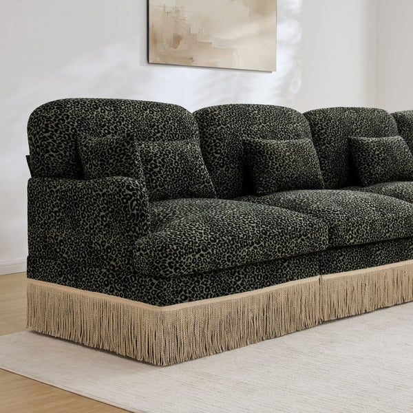 English Elm Comfy Chenille Leopard Print Loveseat with Tassel Trim Movable Ottoman Living Room Green W5656S00029