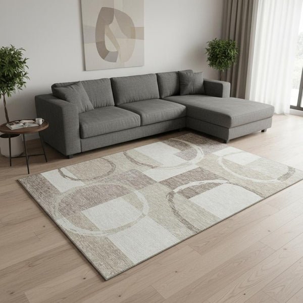 HomeRoots 5' X 8' Ivory Beige Geometric Washable Area Rug with UV Protection for Stylish Living Spaces 675080