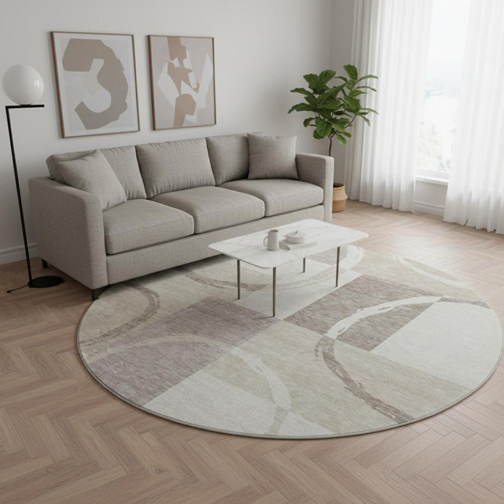 HomeRoots 8' Ivory Beige and Taupe Geometric Round Rug – Washable, UV-Protected, Perfect for High Traffic Areas! 675081