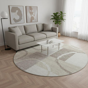 HomeRoots 8' Ivory Beige and Taupe Geometric Round Rug – Washable, UV-Protected, Perfect for High Traffic Areas! 675081