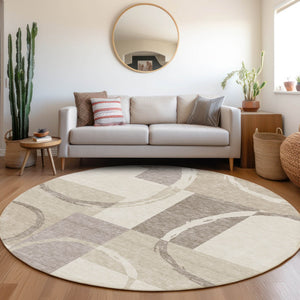 HomeRoots 8' Ivory Beige and Taupe Geometric Round Rug – Washable, UV-Protected, Perfect for High Traffic Areas! 675081