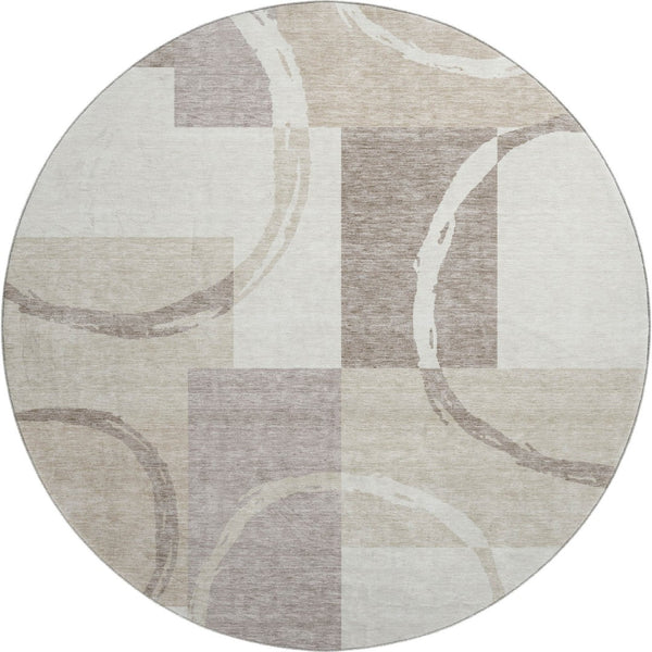 HomeRoots 8' Ivory Beige and Taupe Geometric Round Rug – Washable, UV-Protected, Perfect for High Traffic Areas! 675081