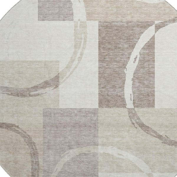 HomeRoots 8' Ivory Beige and Taupe Geometric Round Rug – Washable, UV-Protected, Perfect for High Traffic Areas! 675081