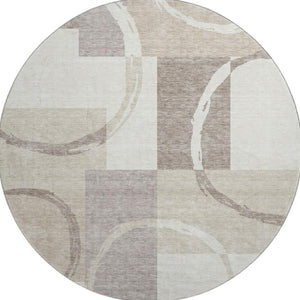 HomeRoots 8' Ivory Beige and Taupe Geometric Round Rug – Washable, UV-Protected, Perfect for High Traffic Areas! 675081