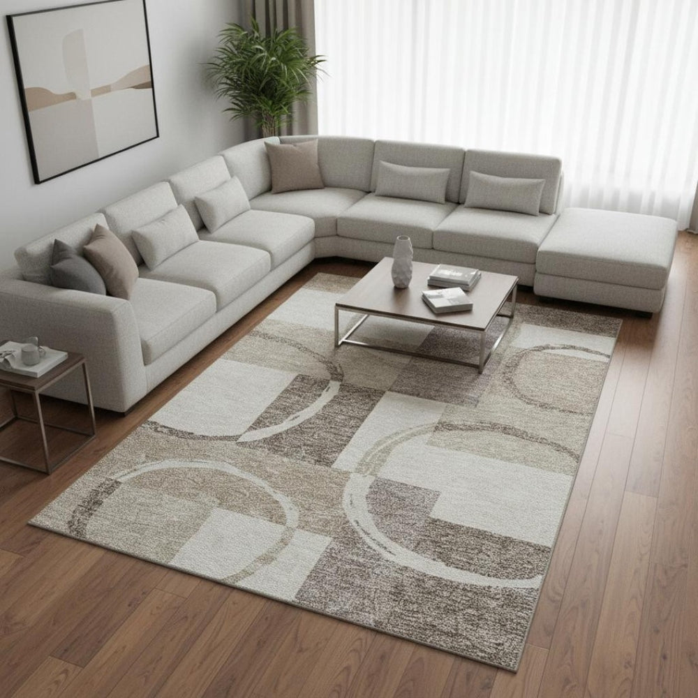 HomeRoots 8' X 10' Modern Ivory Beige Taupe Geometric Washable Area Rug with UV Protection & Stain Resistance 675082