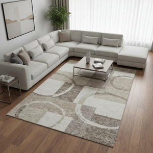 HomeRoots 8' X 10' Modern Ivory Beige Taupe Geometric Washable Area Rug with UV Protection & Stain Resistance 675082