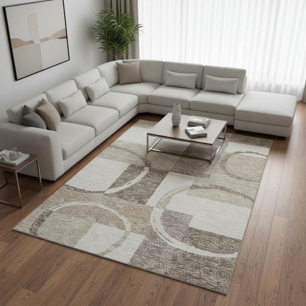 HomeRoots 8' X 10' Modern Ivory Beige Taupe Geometric Washable Area Rug with UV Protection & Stain Resistance 675082