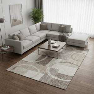 HomeRoots 9' X 12' Ivory Beige Taupe Geometric Washable Area Rug with UV Protection for Modern Spaces 675083
