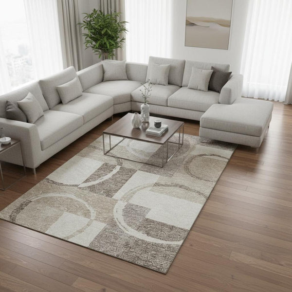 HomeRoots 10' Geometric Ivory Beige Taupe Washable Area Rug - Durable, UV Protected, Perfect for High-Traffic Homes 675084