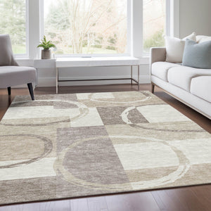 HomeRoots 10' Geometric Ivory Beige Taupe Washable Area Rug - Durable, UV Protected, Perfect for High-Traffic Homes 675084